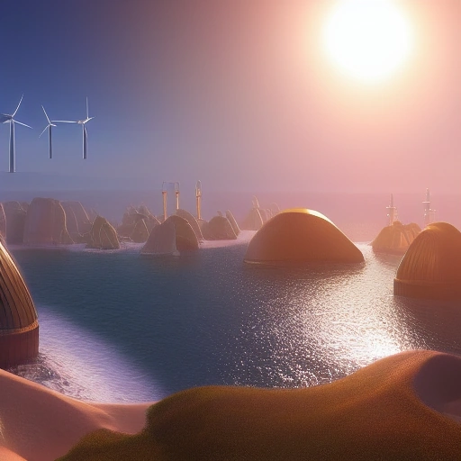 AI cinematic image of a futuristic coastal city powered by solar and wind energy