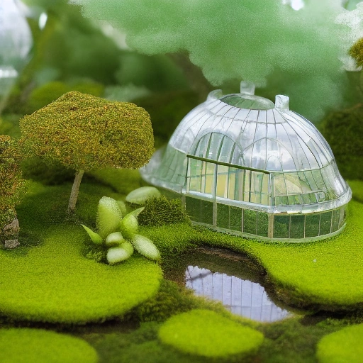 AI illustration of a glass greenhouse on a mossy floating island at sunrise